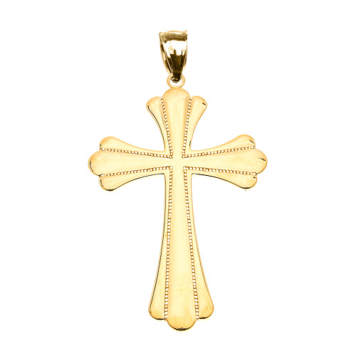 Yellow Gold High Polish Milgrain Cross Pendant Necklace (Medium)