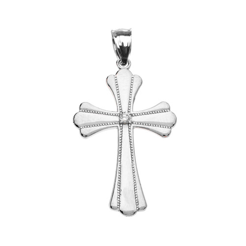 White Gold Solitaire Cubic Zirconia High Polish Milgrain Cross Pendant Necklace