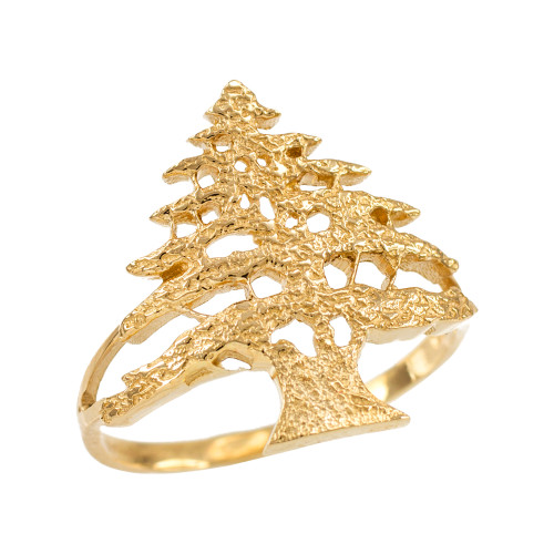 Yellow Gold Textured Band Lebanese Cedar Tree Women's Ring