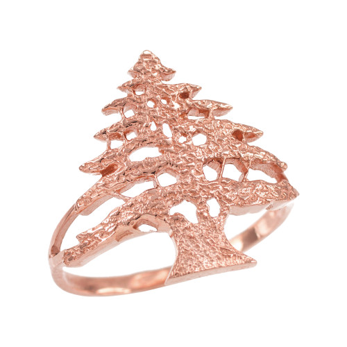 Rose Gold Textured Band Lebanese Cedar Tree Women's Ring