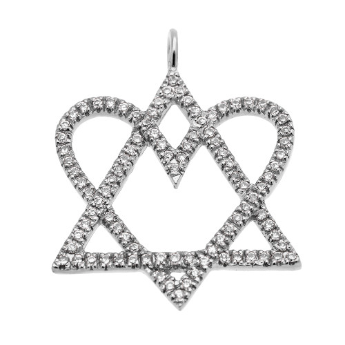 14k White Gold Star of David Love Heart Diamond Pendant Necklace