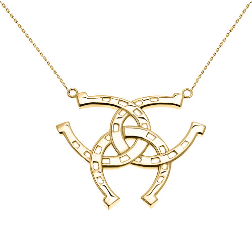 Yellow Gold Criss Cross Triple Horse Shoe Good luck Pedant Necklace