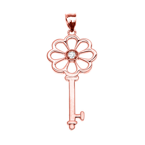 Rose Gold Solitaire Cubic Zirconia Flower Key Pendant Necklace