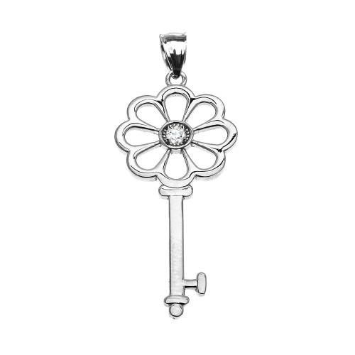 Sterling Silver Solitaire Cubic Zirconia Flower Key Pendant Necklace