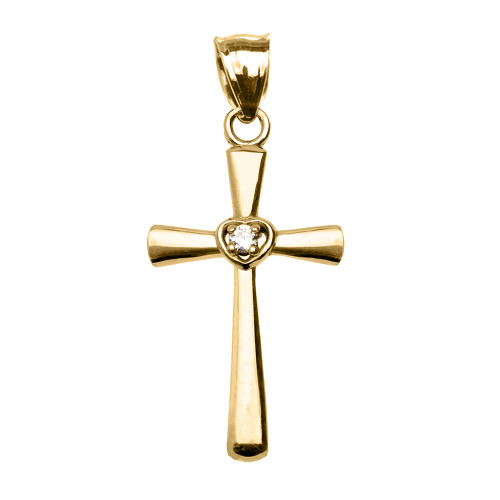 Yellow Gold Solitaire Cubic Zirconia Heart  Cross Pendant Necklace