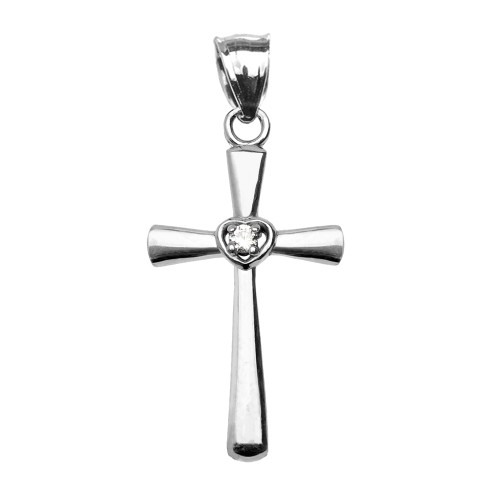 Sterling Silver Solitaire Diamond Heart  Cross Pendant Necklace