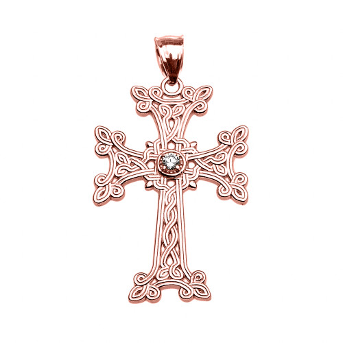 Rose Gold Armenian Cross Solitaire Diamond Pendant Necklace