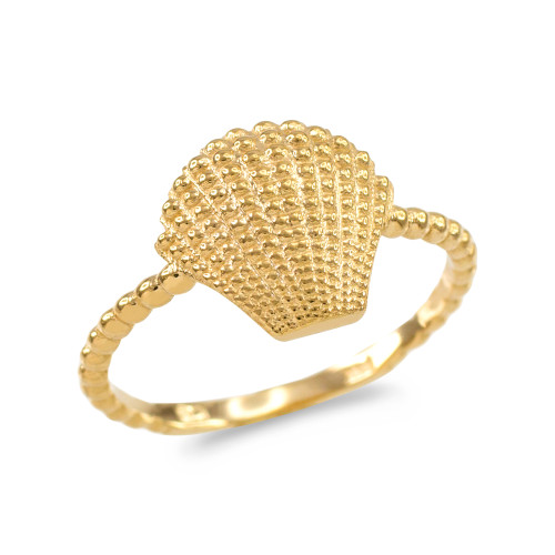 Fine Yellow Gold Beaded Band Seashell Ring