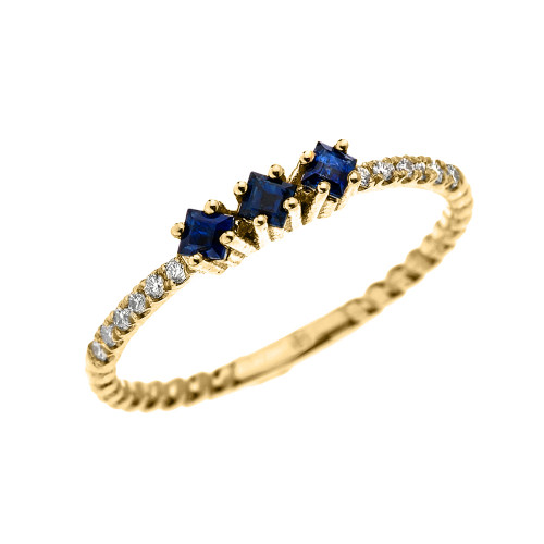 Yellow Gold Dainty Three Stone Sapphire and Diamond Rope Design Engagement/Stackable Ring