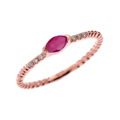 Rose Gold Dainty Solitaire Marquise Ruby and Diamond Rope Design Engagement/Proposal/Stackable Ring