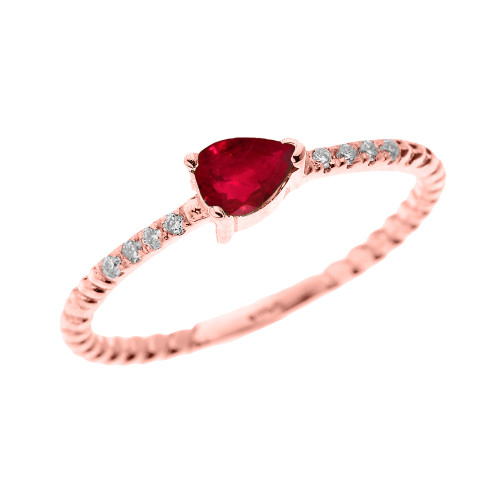 Rose Gold Dainty Solitaire Pear Shape Ruby and Diamond Rope Design Engagement/Proposal/Stackable Ring