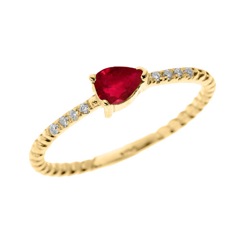 Yellow Gold Dainty Solitaire Pear Shape Ruby and Diamond Rope Design Engagement/Proposal/Stackable Ring