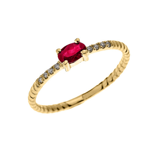 Yellow Gold Dainty Solitaire Oval Ruby and Diamond Rope Design Engagement/Proposal/Stackable Ring