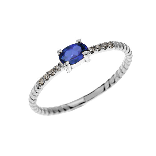 White Gold Dainty Solitaire Oval Sapphire and Diamond Rope Design Engagement/Proposal/Stackable Ring
