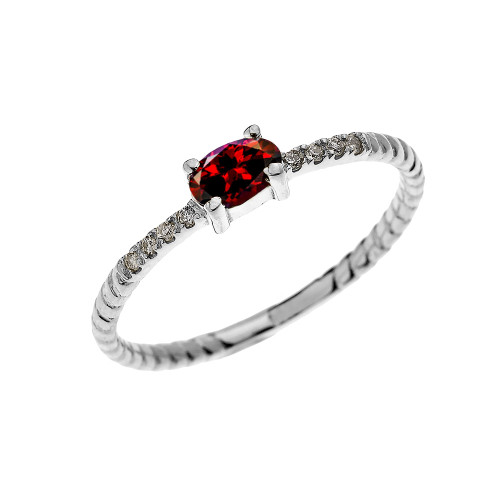 White Gold Dainty Solitaire Oval Garnet and Diamond Rope Design Engagement/Proposal/Stackable Ring