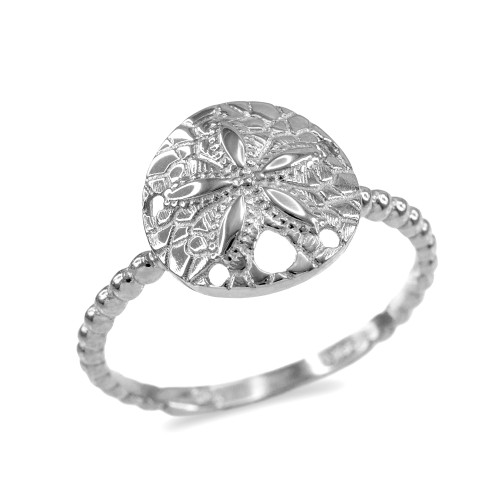 Fine White Gold Beaded Band Sand Dollar Ring