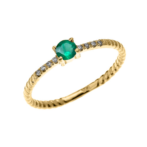 Yellow Gold Dainty Solitaire Emerald and Diamond Rope Design Engagement/Proposal/Stackable Ring