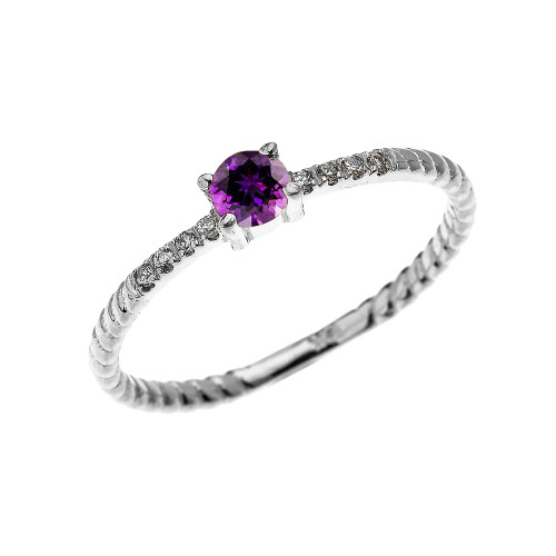 White Gold Dainty Solitaire Amethyst and Diamond Rope Design Engagement/Proposal/Stackable Ring