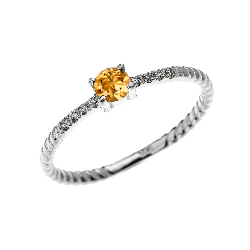 White Gold Dainty Solitaire Citrine and Diamond Rope Design Engagement/Proposal/Stackable Ring