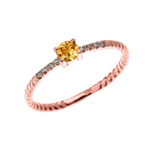 Rose Gold Dainty Solitaire Citrine and Diamond Rope Design Engagement/Proposal/Stackable Ring