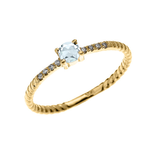 Yellow Gold Dainty Solitaire Aquamarine and Diamond Rope Design Engagement/Proposal/Stackable Ring