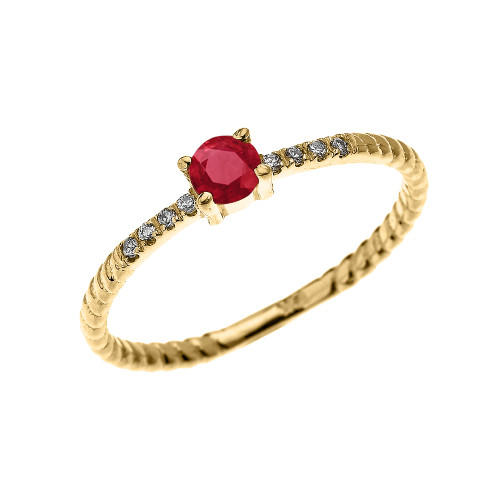 Yellow Gold Dainty Solitaire Ruby and Diamond Rope Design Engagement/Proposal/Stackable Ring