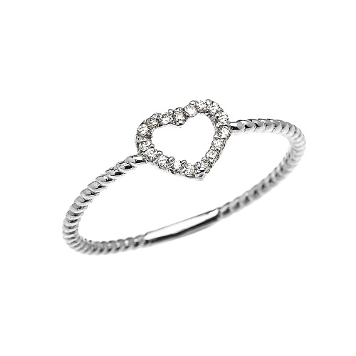 White Gold Dainty Open Heart Diamond Rope Design Promise/Stackable Ring