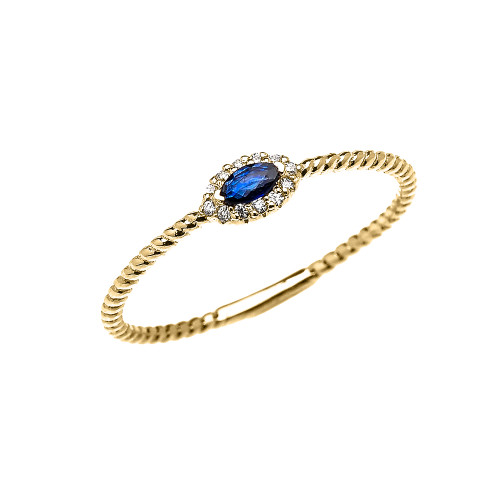 Yellow Gold Dainty Halo Diamond and Marquise Sapphire Solitaire Rope Design Promise/Stackable Ring