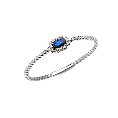 White Gold Dainty Halo Diamond and Marquise Sapphire Solitaire Rope Design Promise/Stackable Ring