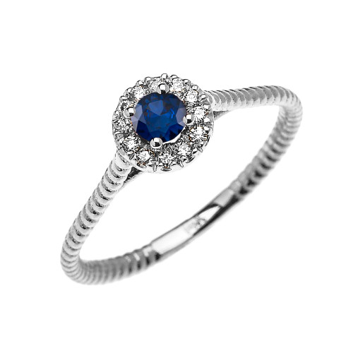 White Gold Dainty Halo Diamond and Sapphire Solitaire Rope Design Promise Ring