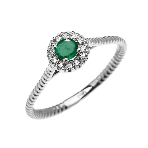 White Gold Dainty Halo Diamond and Emerald Solitaire Rope Design Promise Ring