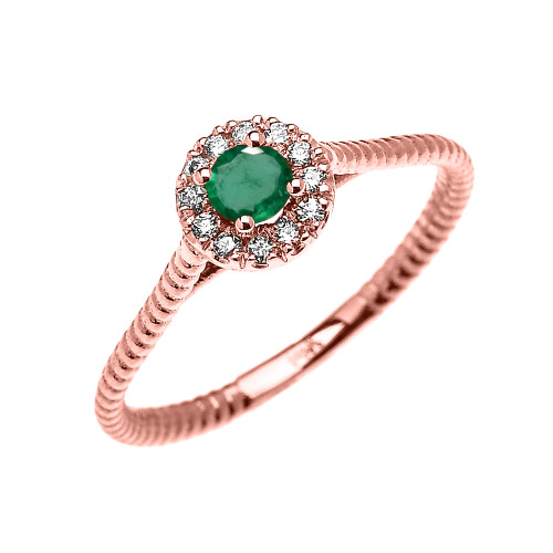 Rose Gold Dainty Halo Diamond and Emerald Solitaire Rope Design Promise Ring