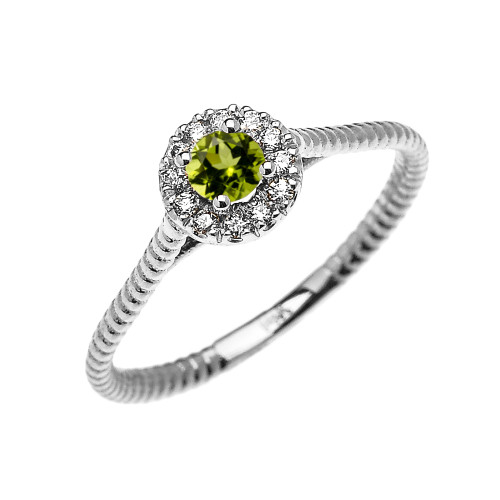 White Gold Dainty Halo Diamond and Peridot Solitaire Rope Design Promise Ring