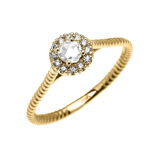 Yellow Gold Dainty Halo Diamond and White Topaz Solitaire Rope Design Promise Ring