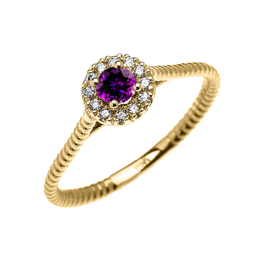 Yellow Gold Dainty Halo Diamond and Amethyst Solitaire Rope Design Promise Ring