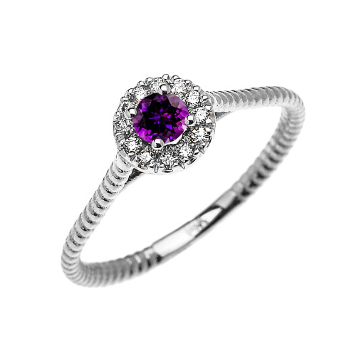 White Gold Dainty Halo Diamond and Amethyst Solitaire Rope Design Promise Ring
