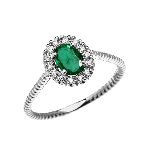 White Gold Dainty Halo Diamond and Oval Emerald Solitaire Rope Design Engagement/Promise Ring