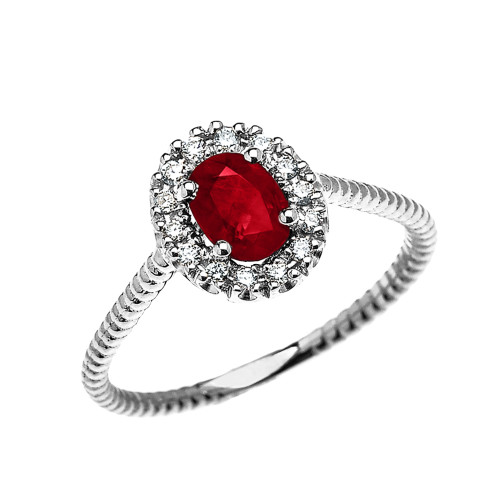 White Gold Dainty Halo Diamond and Oval Ruby Solitaire Rope Design Engagement/Promise Ring