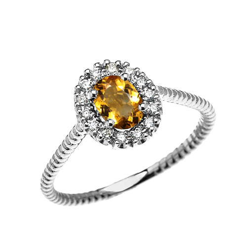 White Gold Dainty Halo Diamond and Oval Citrine Solitaire Rope Design Engagement/Promise/Stackable Ring