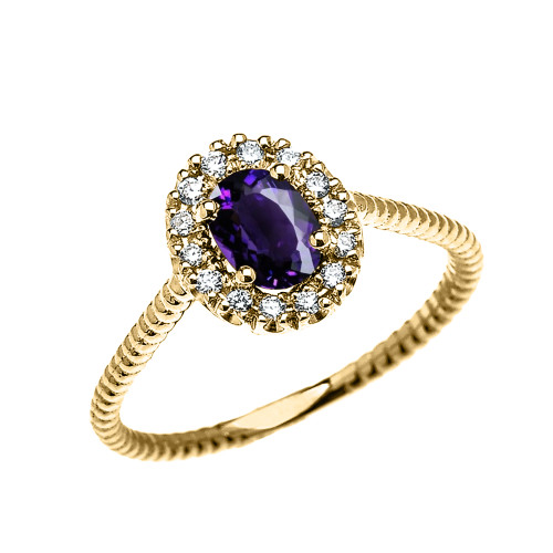 Yellow Gold Dainty Halo Diamond and Oval Amethyst Solitaire Rope Design Engagement/Promise Ring