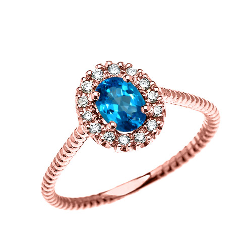 Rose Gold Dainty Halo Diamond and Oval Blue Topaz Solitaire Rope Design Engagement/Promise Ring