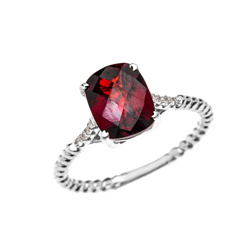 White Gold Dainty 2 Carat Garnet and Diamond Solitaire Rope Design Engagement Ring