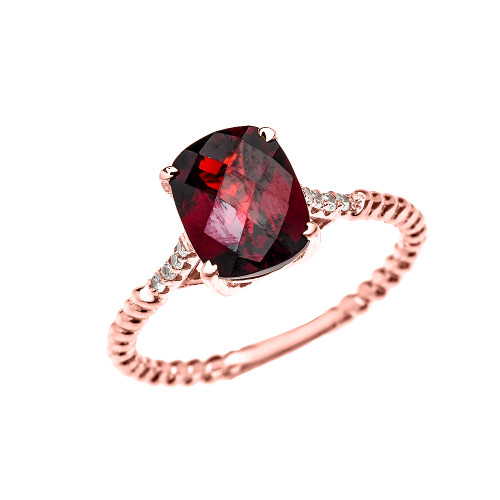 Rose Gold Dainty 2 Carat Garnet and Diamond Solitaire Rope Design Engagement Ring