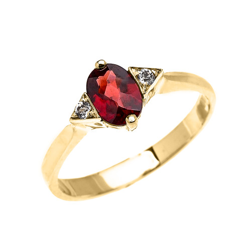 Yellow Gold Solitaire Oval Garnet and White Topaz Engagement/Promise Ring