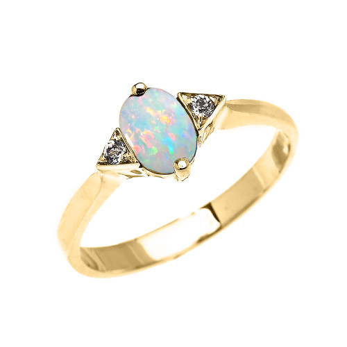 Yellow Gold Solitaire Oval Opal and White Topaz Engagement/Promise Ring