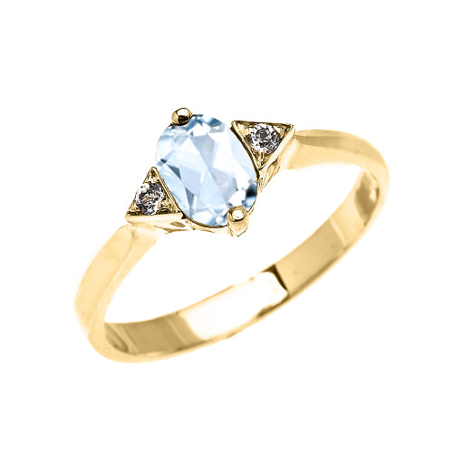 Yellow Gold Solitaire Oval Aquamarine and White Topaz Engagement/Promise Ring
