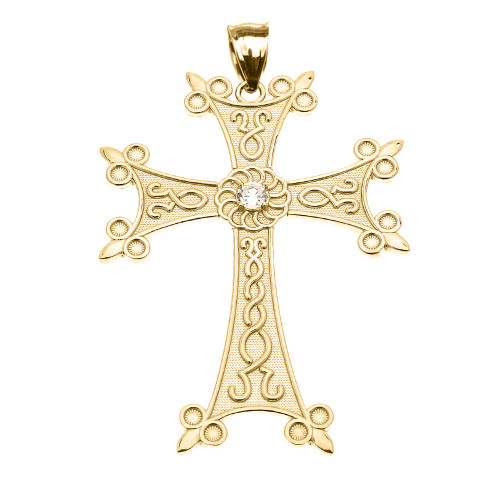 Yellow Gold Elegant Armenian Cross with Eternity Diamond Pendant Necklace (Large)