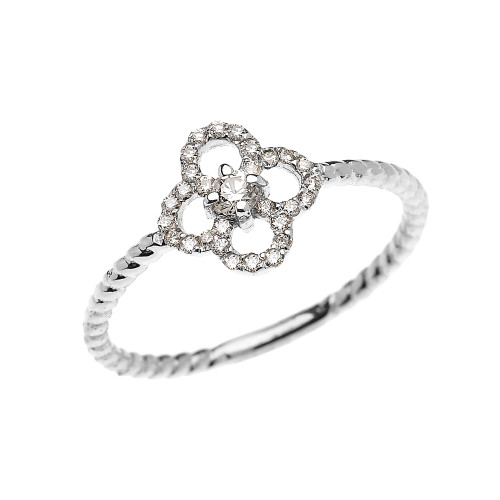 White Gold Dainty Four Leaf Clover Good Luck Diamond Solitaire Rope Design Ring