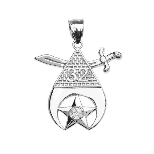 White Gold Shriners Freemason Masonic Diamond Pendant Necklace
