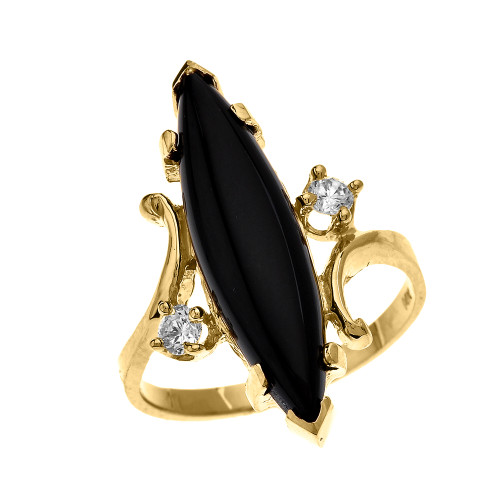 Yellow Gold Marquise Black Onyx and Cubic Zirconia Modern Design Ring